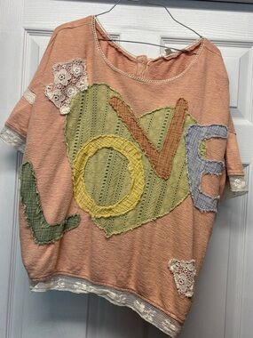 Oli & Hali Reversible Patchwork Love Lace Trim Crochet Embellished Snap Top S